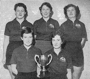 Victor Barna Cup, Hutt Valley Women's team (1956). L/R back: Fay Inglis, Val Muirhead (c), Pam Oben; front: Mary Garden, Joan Brown